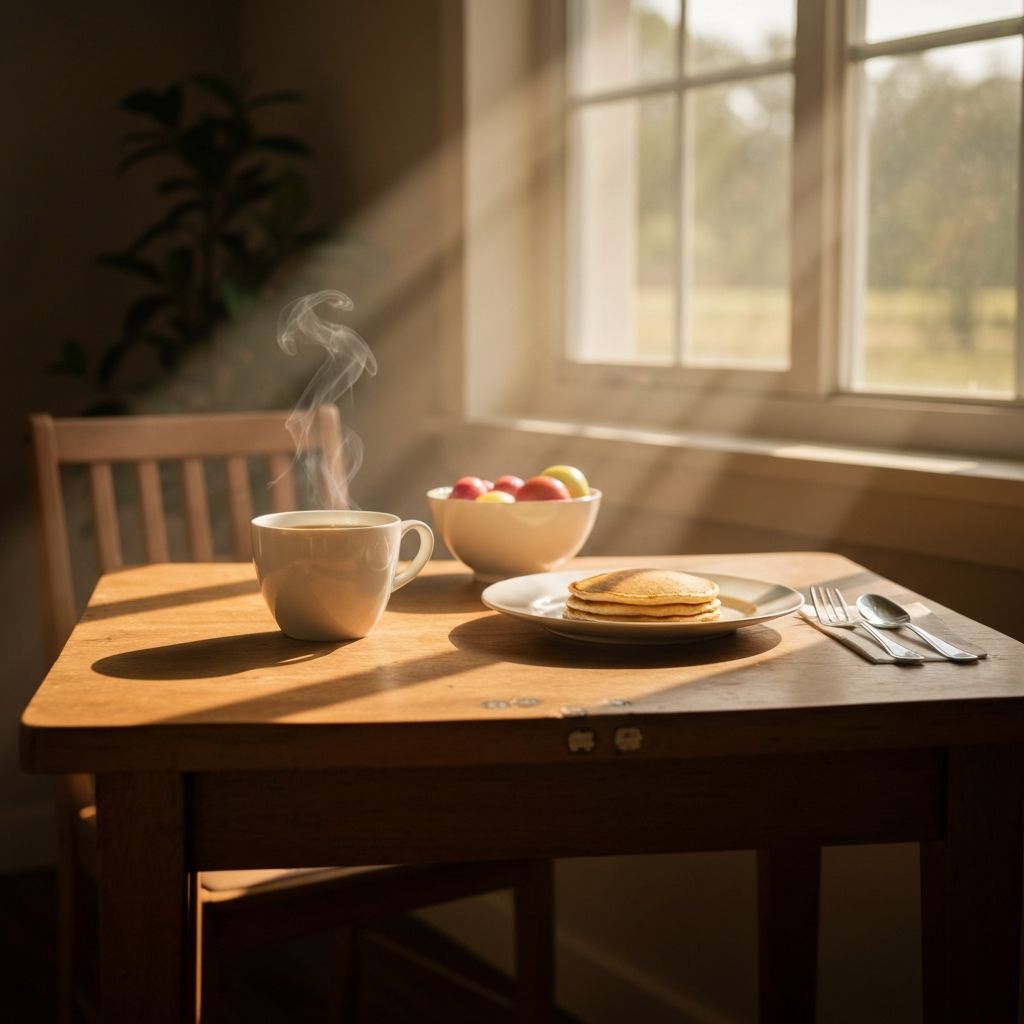 Vista de uma janela com luz natural sobre uma mesa de pequeno-almoço