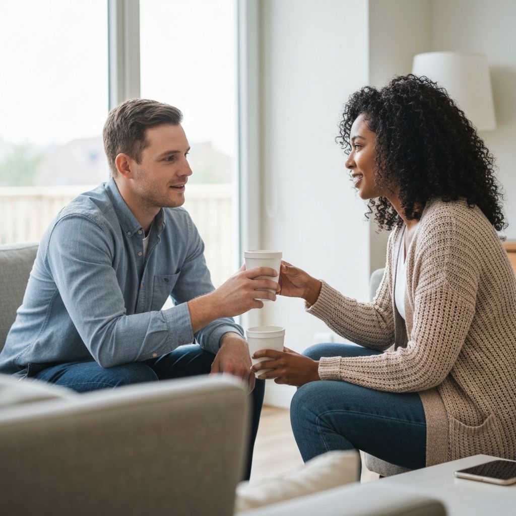 Conversa informal sobre alimentação numa sala luminosa