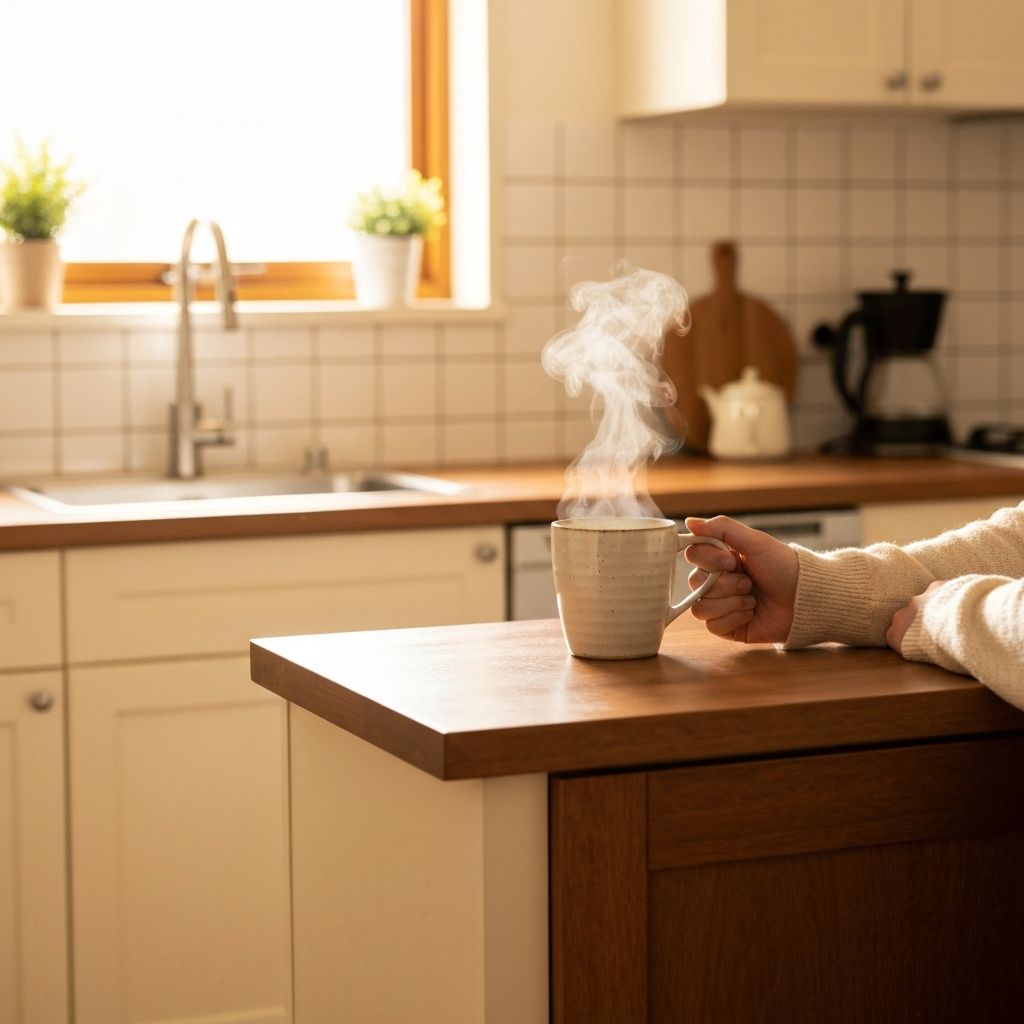 Ritual matinal com café numa mesa de cozinha acolhedora